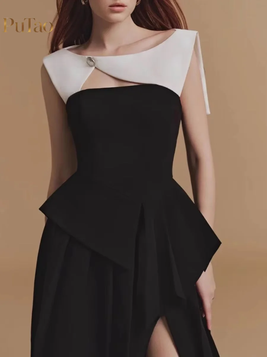 Putao Modest Black White Patchwork Midi Dress Sleeveless Big Bow Waist Irregular Hem Formal Evening Wedding Guest Party Gown