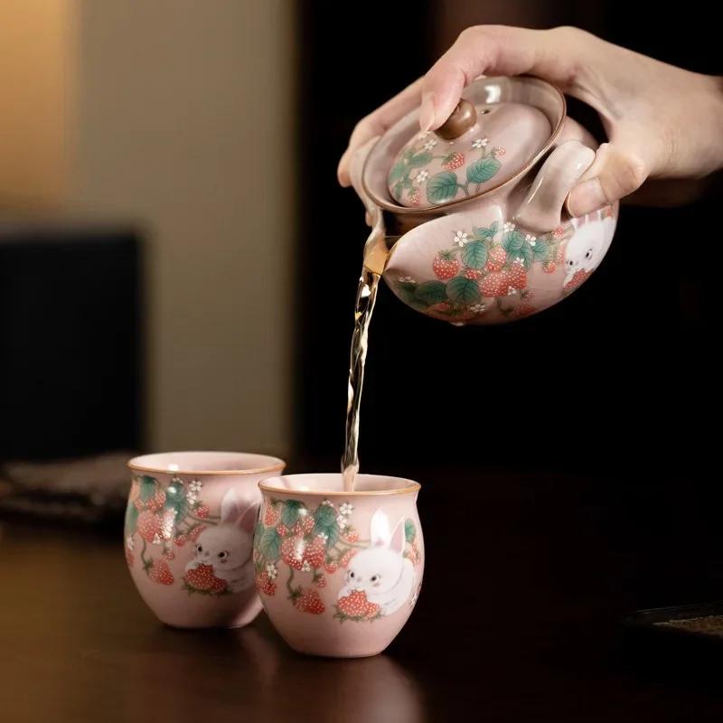Cute Rabbit Porcelain Chinese Kettle Ru Yao Teapot Tea Ceremony Set Milk Oolong Tie Guan Yin Pink Teaware Type