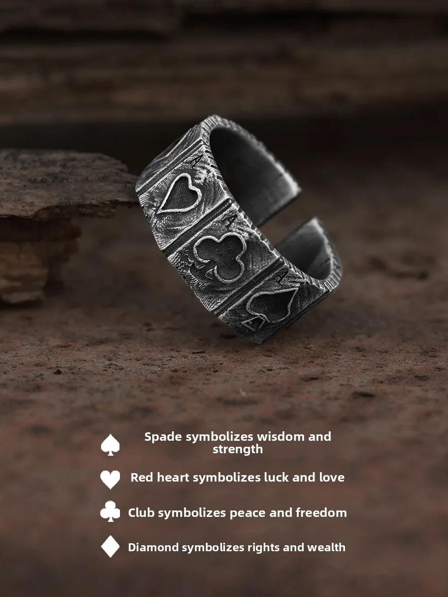 

Мужское кольцо Yinshu Lucky Ace в виде игральной карты, из чистого серебра 999 пробы, модное, в ретро-стиле, унисекс, круглой формы, регулируемое