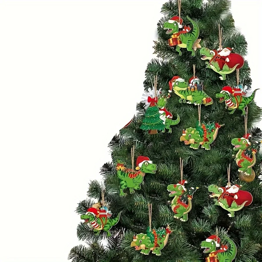 12/24/36 قطعة عيد الميلاد ديناصور خشبي الديكور شجرة عيد الميلاد Tyrannosaurus ريكس شجرة عيد الميلاد الخشبية قلادة هدية الكريسماس