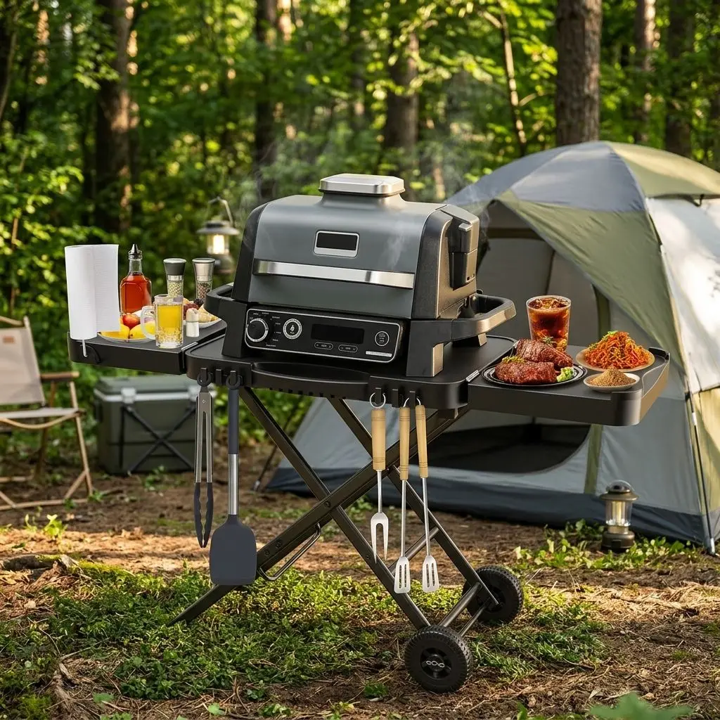 Portable Foldable Outdoor Electric Grill Table With Wheels, Heavy Duty Metal BBQ Cooking Station For Camping Hiking Party