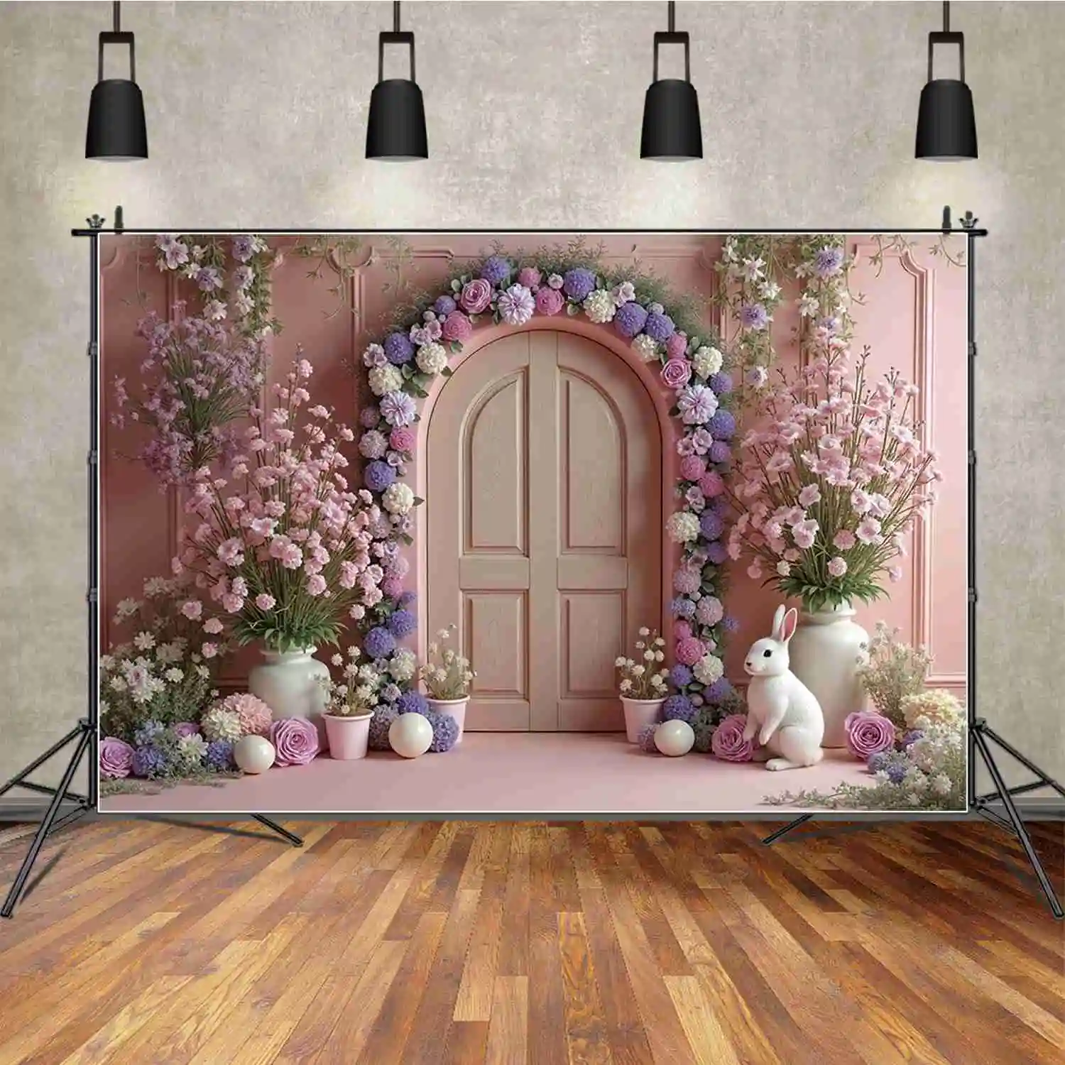 MOON.QG Easter Arch Door Backdrop Photography Bunny Rainbow Enchanted Forest Photozone Background Baby Studio Photocall Supplies