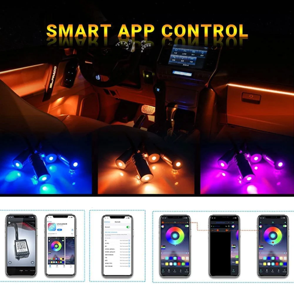 6 in 1 RGB LED Atmosphere Car Light Interior Ambient Light Fiber Optic Strips Light by App Control DIY Music 8M Fiber Optic Band