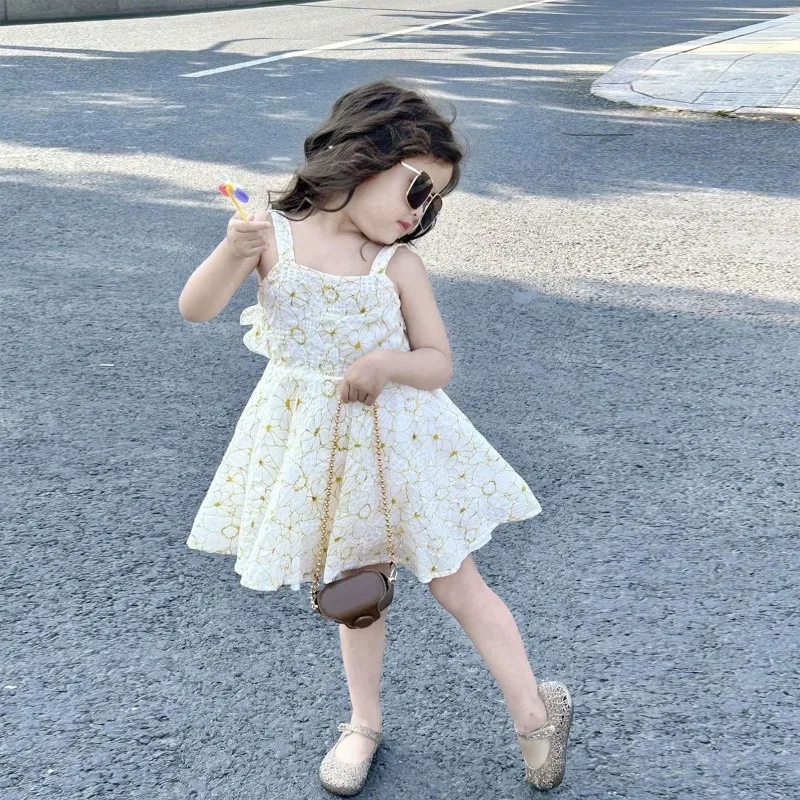 New Girls Summer Backless Sleeveless Dress Kids Beach Causal Spaghetti Strap Dress Ruffles Floral Party Dress Baby Girl Clothing