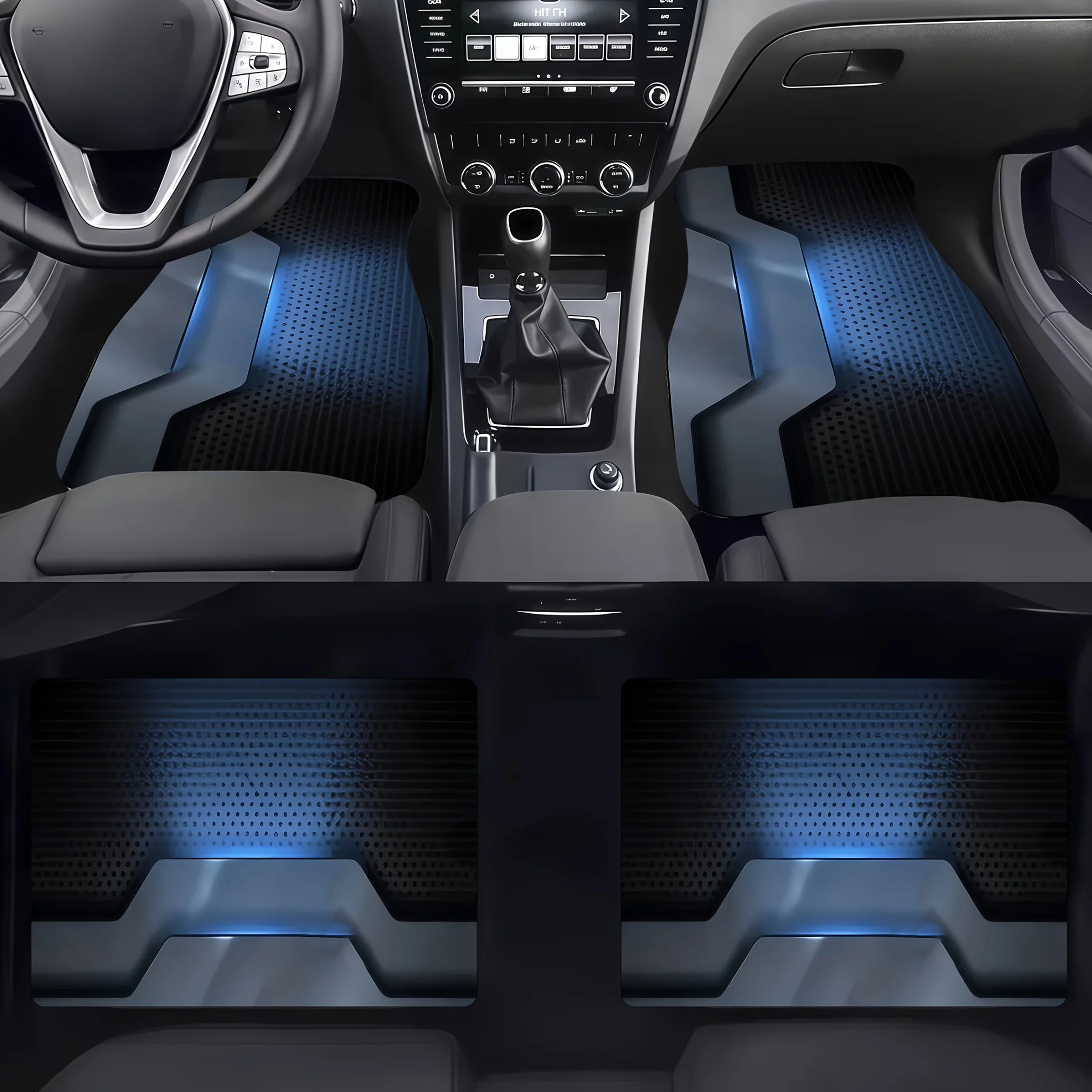 4pcs Car Floor Mats, Futuristic Metallic Design With Dark Background, Perforated Sections Emitting Blue Light, Smooth Curved Met