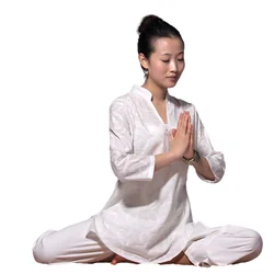 Set da Yoga in cotone naturale confortevole da donna in pizzo per la meditazione vestiti per la sala da tè Guru Zen abbigliamento sciolto allenamento sportivo bianco solido