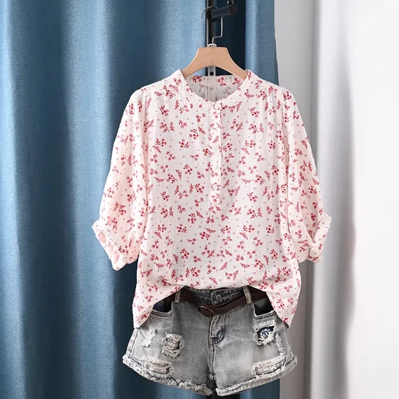 

2025 Women casual shirts 100% cotton yarn yellow pink print shirts bat sleeve blouses summer women's clothing