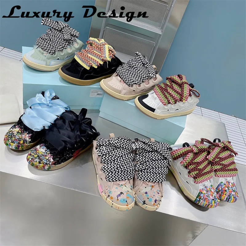 New Designer Slippers Sneakers Flat Shoes Women Luxury Brand Trainer Lace Up Men Top Quality Thick Laces Skateboard Shoes Unisex