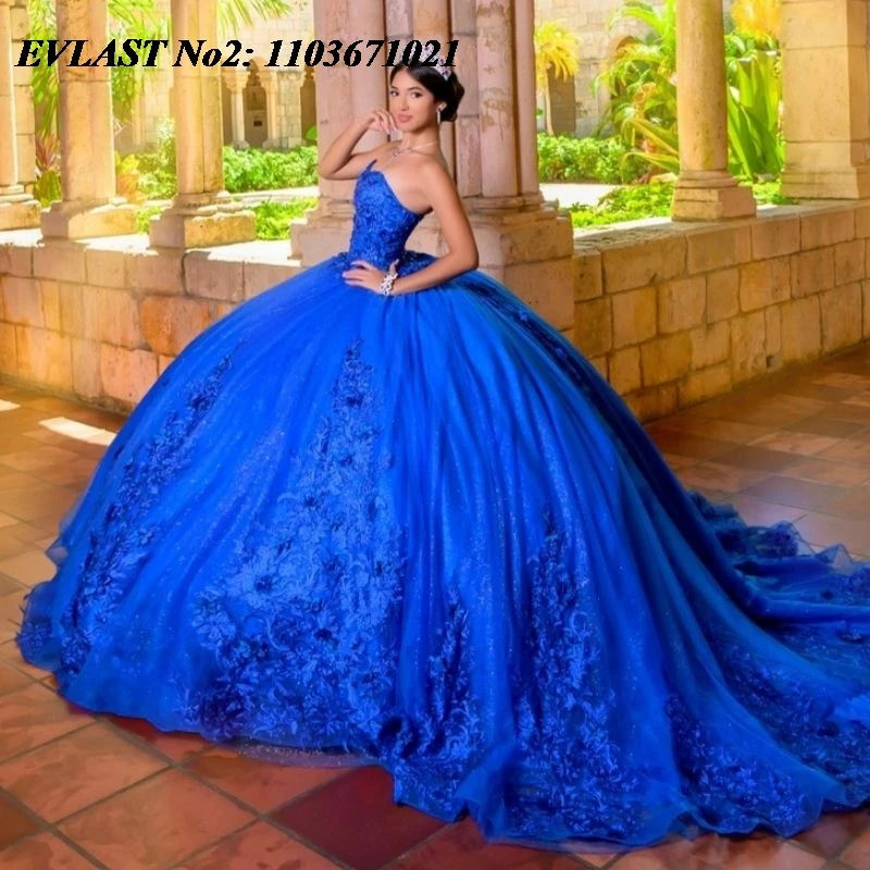 EVLAST Customized Mexican Royal Blue Quinceanera Dress Off Shoulder Floral Applique Beading Sweet 16 Vestidos 15 Anos E2QA141