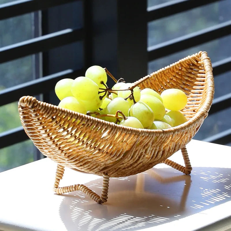 Imitation Rattan Storage Basket Woven Decorative Serving Tray for Fruit Snacks Tabletop Bathroom Kitchen Counter Organizer