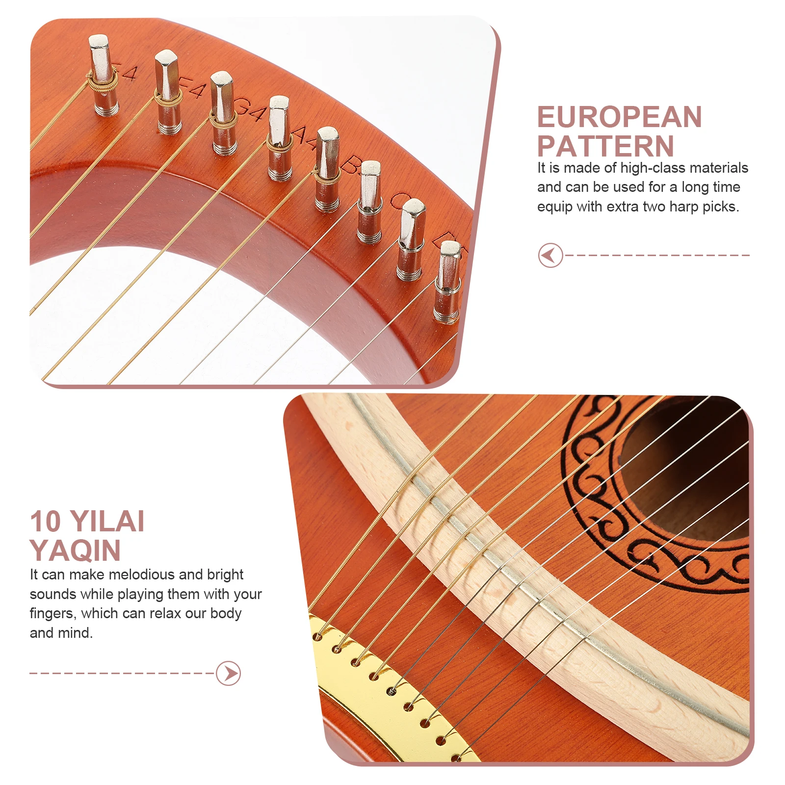 

10 String Lyre Harp Wood Body Instrument H held Ancient Retro Musical Tone Wooden Color Accessories R om Color