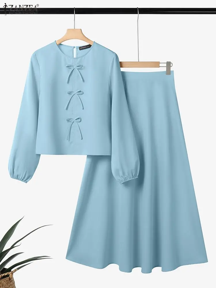 

ZANZEA Женские осенние одинаковые комплекты 2023 года, однотонный спортивный костюм, комплект из 2 предметов, элегантная блузка с длинными рукавами, платье, стильный комплект из 2 предметов