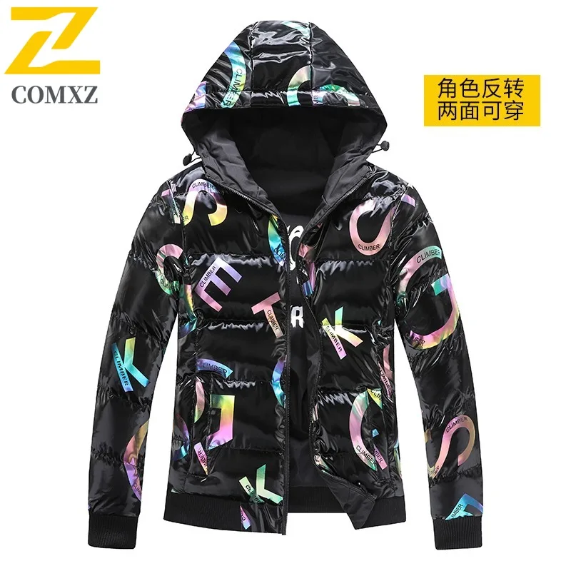 COMXZ Giacca imbottita alla moda da uomo con cappuccio Sci all'aperto Parka caldo addensato Finitura lucida Cappotto imbottito invernale leggero