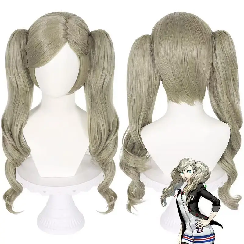 Persona 5 Ann Takamaki Cos Wig Light Flaxen Double Ponytail Curly Hair Heat Resistant Synthetic Anime Cosplay Wig For Halloween