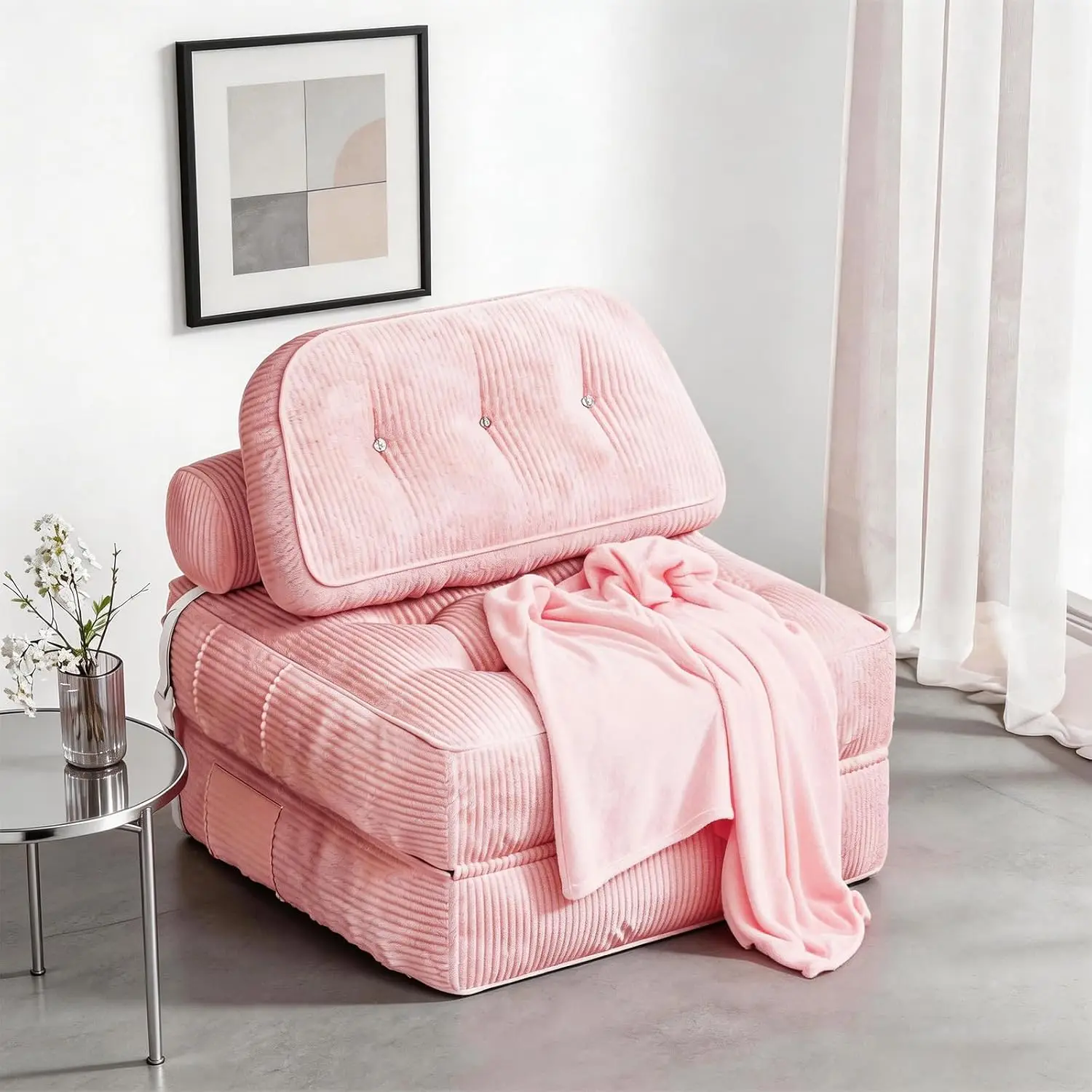 Folding Sofa Bed Single Size Convertible Sleeper Chair To Lounger Comfy Floor Couch Bed Frame With Pillow And Blanket For Living Room Bedroom Pink, 1 Piece