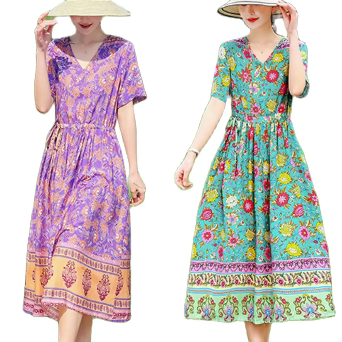 

Women's summer new V-neck dress printed high waist long seaside holiday beach dress