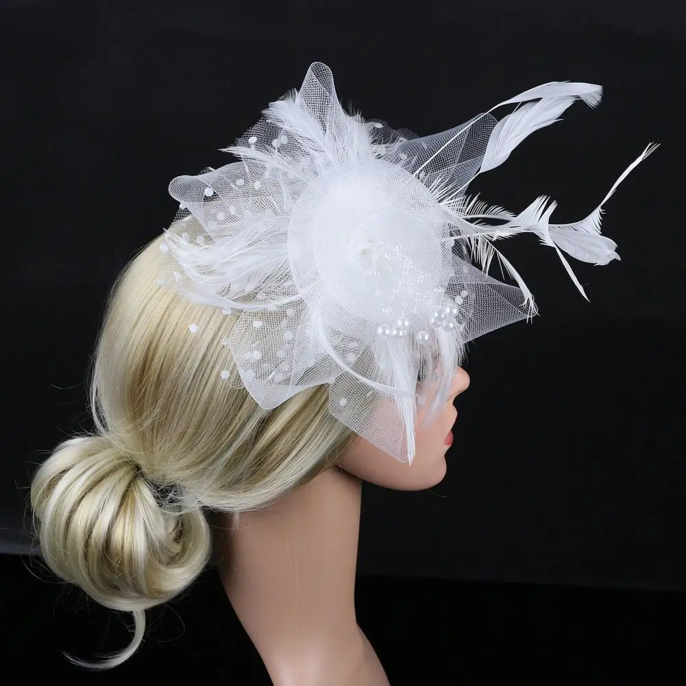 Fascinator Hat Imitation Pearls Decor Sweet Vintage Headgear with Headband Faux Feather Flower Mesh Shape Party Headgear