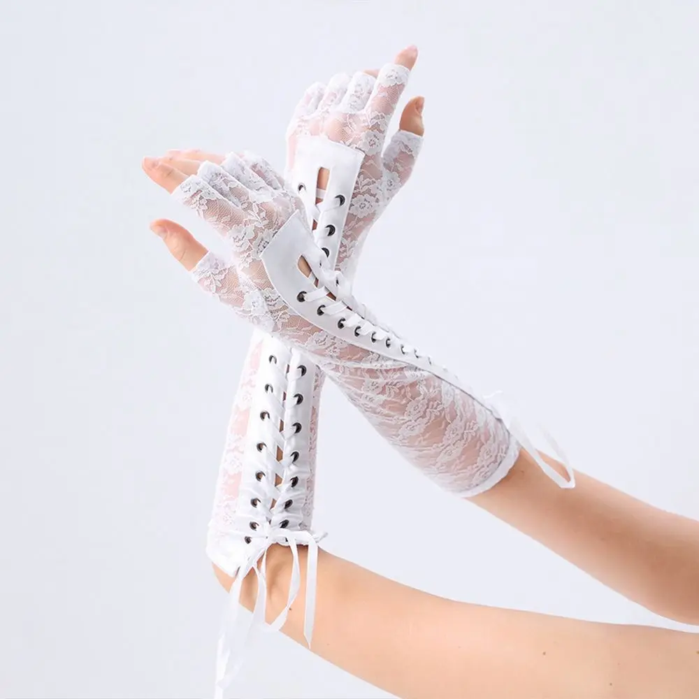 Elastic Lace Strap Gloves Long Gloves JK Cloth Ribbon Half Finger Gloves Gothic Elbow Long Women Gloves Halloween Cosplay