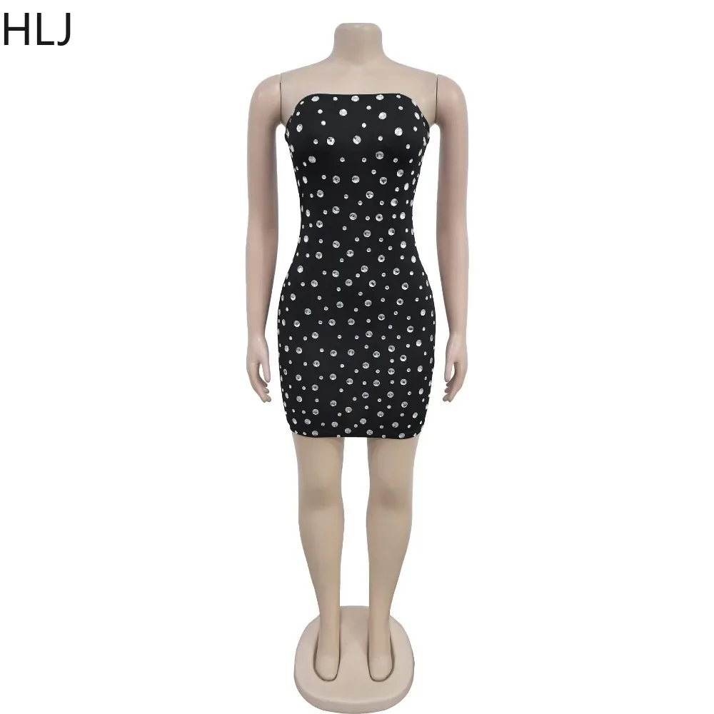 HLJ Sexy Luxury Rhinestones Bodycon Off Shoulder Mini Dresses Women Sleeveless Backless Slim Vestidos Fashion Party Club Clothes