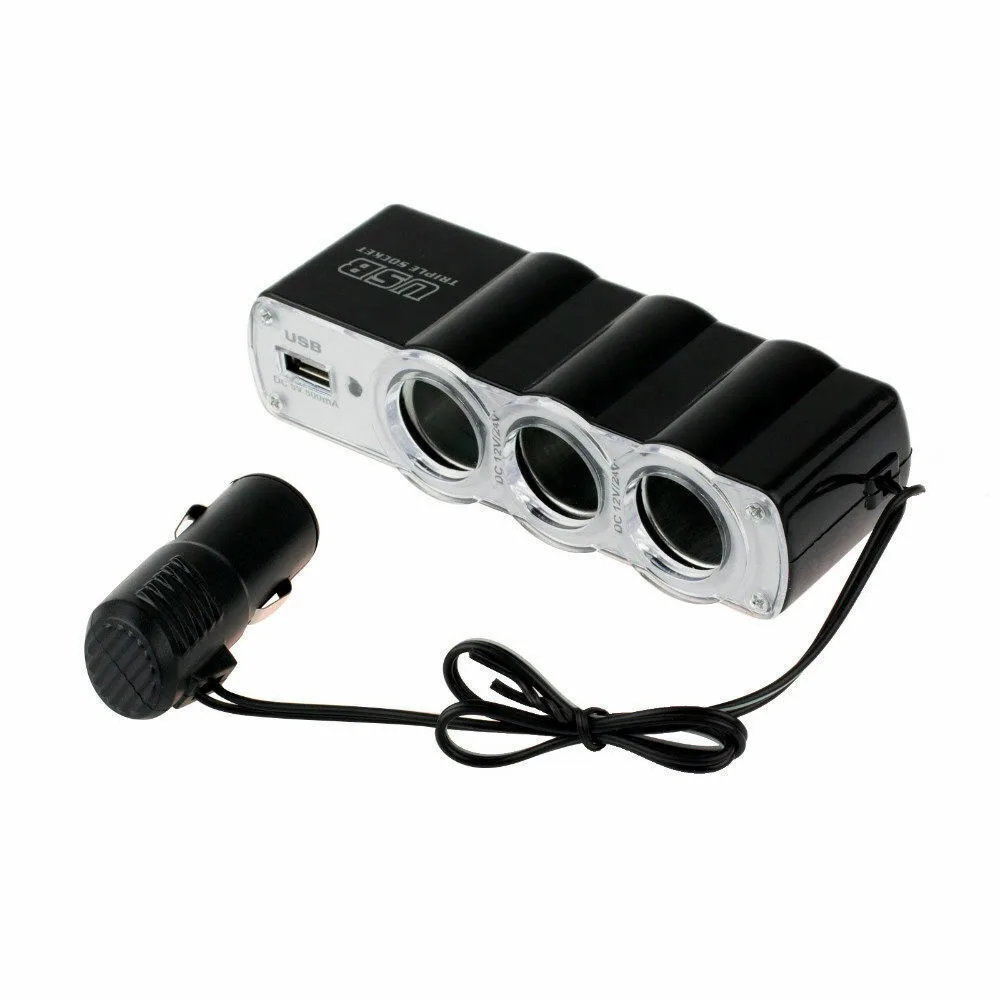 12V Triple Car Cigarette Lighter Socket Female Extension Splitter USB Charger