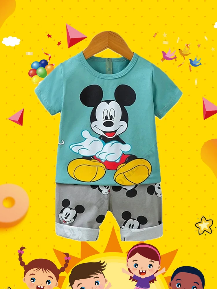 Mickey Mouse Printed Children's T-shirt Set Casual T-shirt + Beach Pants 2 Piece Set Children's Street Sportswear Y2K Harajuku