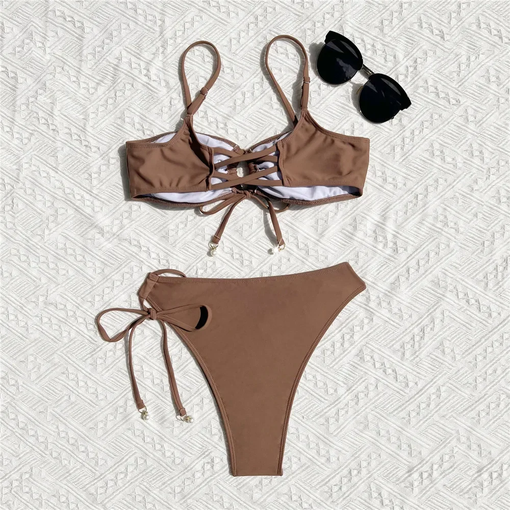 

Brown String Lace-up Bikinis Sets Hollow Out Ruched Swimwear Sexy Swimsuit Women 2025 High Cut Bathing Suit Push Up Bikini Mujer