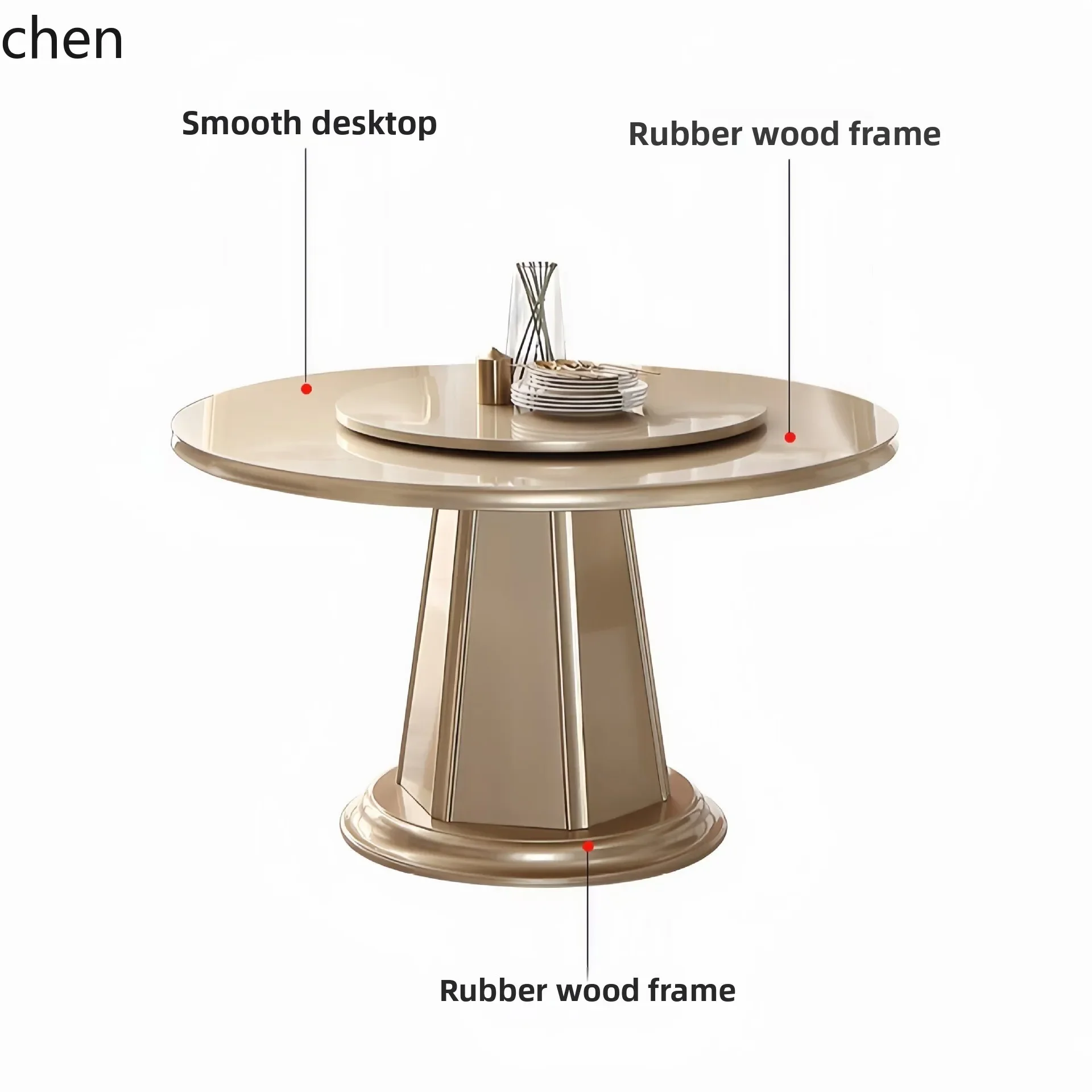 DSA  Solid Wood Light Luxury Dining Table with Turntable Luxurious Champagne Gold Dining Table