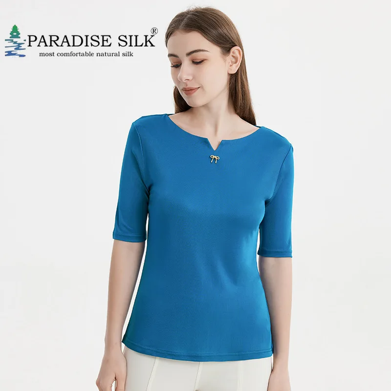 

Women's Silk Half-sleeved T-Shirt with Notch Collar New Summer Top Size L XL 2XL 3XL