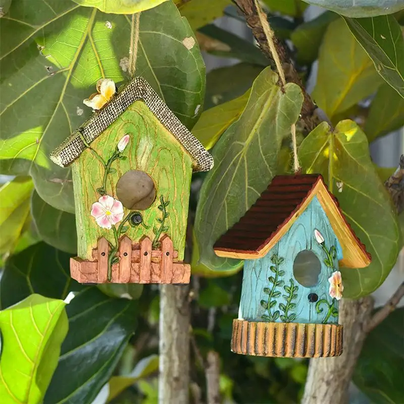 Bird Houses For Outside Hand Carved Resin Bird House Hangable Sturdy Multifunctional Outdoor Garden Decor Tree Top Ornaments