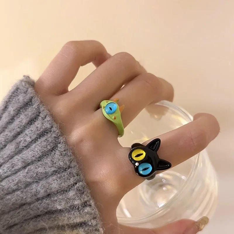 Ins Cute Green Monster Rings Women Fashion Sweet Two Color Cat Eyes Open Couple Ring Wedding Finger Accessories Jewelry Gift