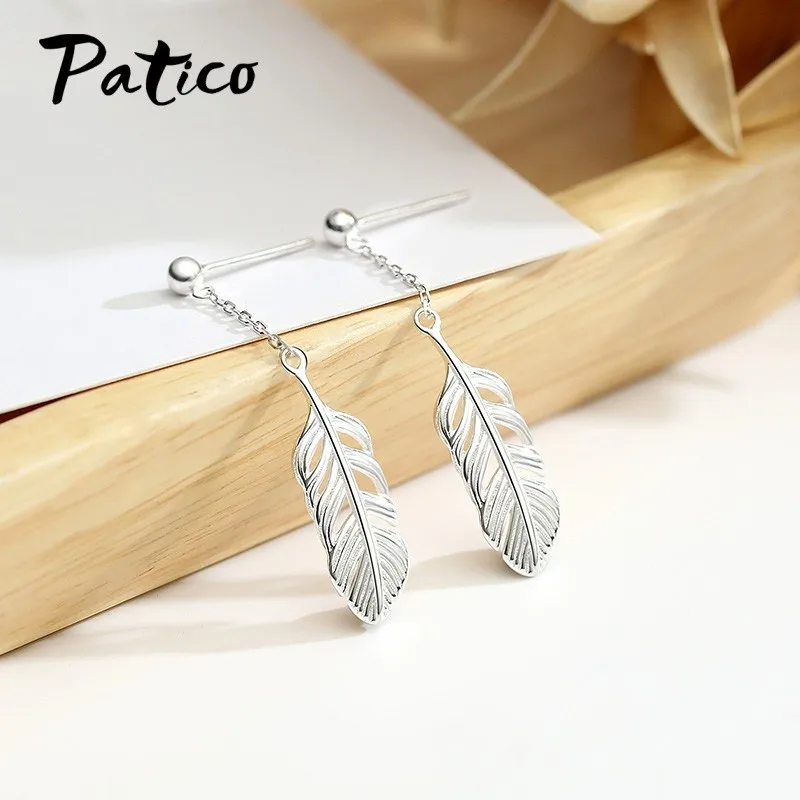 

Лидер продаж, стерлинговое серебро 925 пробы, простые перья, лист дерева, длинные висячие серьги с кисточками для женщин, серебряные подвески, ювелирные изделия