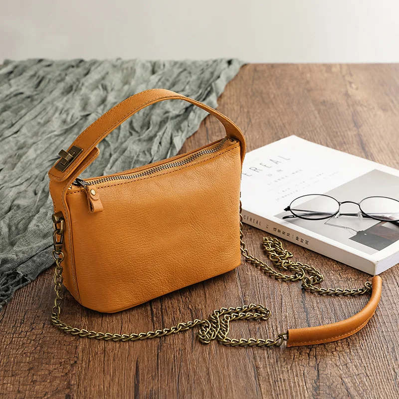 

Vintage Tan Genuine Leather Cowhide Chain Shoulder Bag Small Top-handle Crossbody Handbag for Women Casual Daily Use