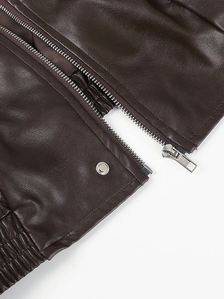 Nieuwe bruine oversized kunstleer dames winterjas met kraag en ritsjas Vintage Koreaanse populaire dameskleding bovenkleding top