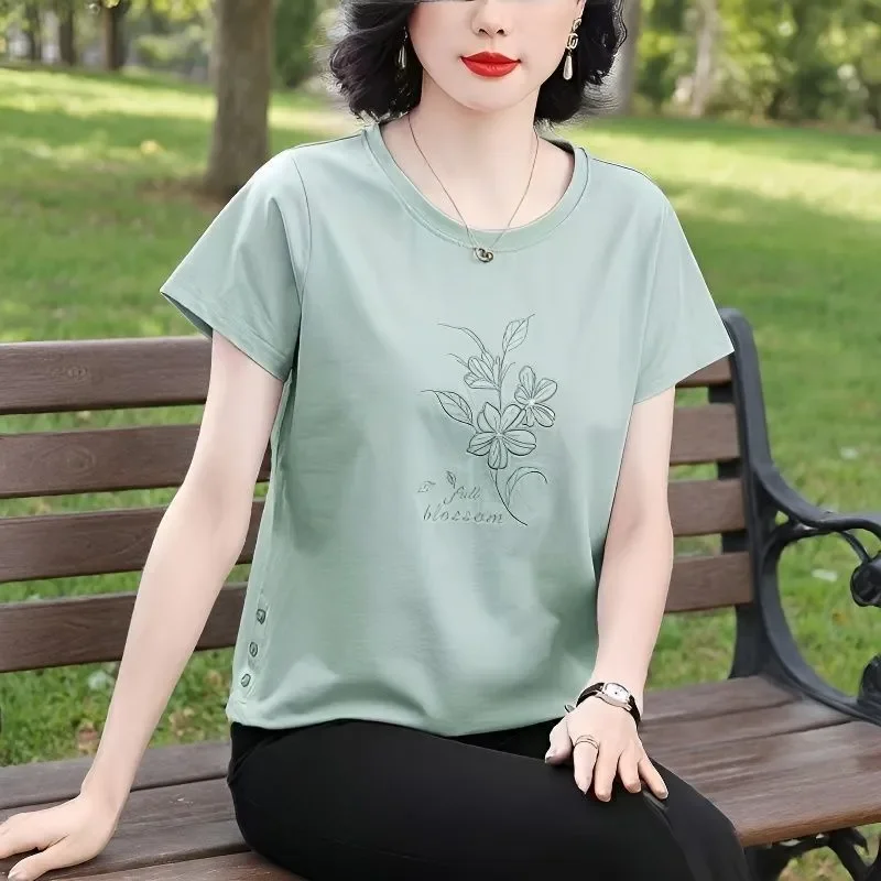 

Light Green Floral Embroidered Loose Blouse for Women Short Sleeve O Neck Casual Summer Top Comfortable Cotton Blend Pullover
