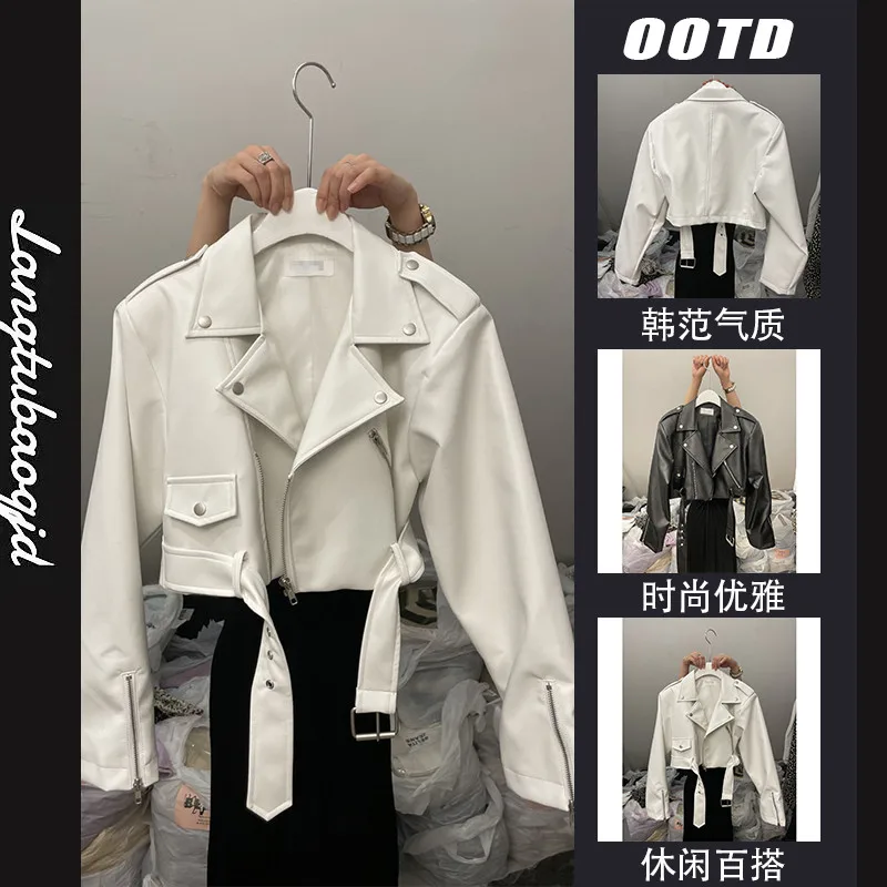 Women's Spring Autumn Jacket Tops Leather Short Solid Color Zipper Loose Fashion Premium Design Leisure Simple Brand Soft Niche