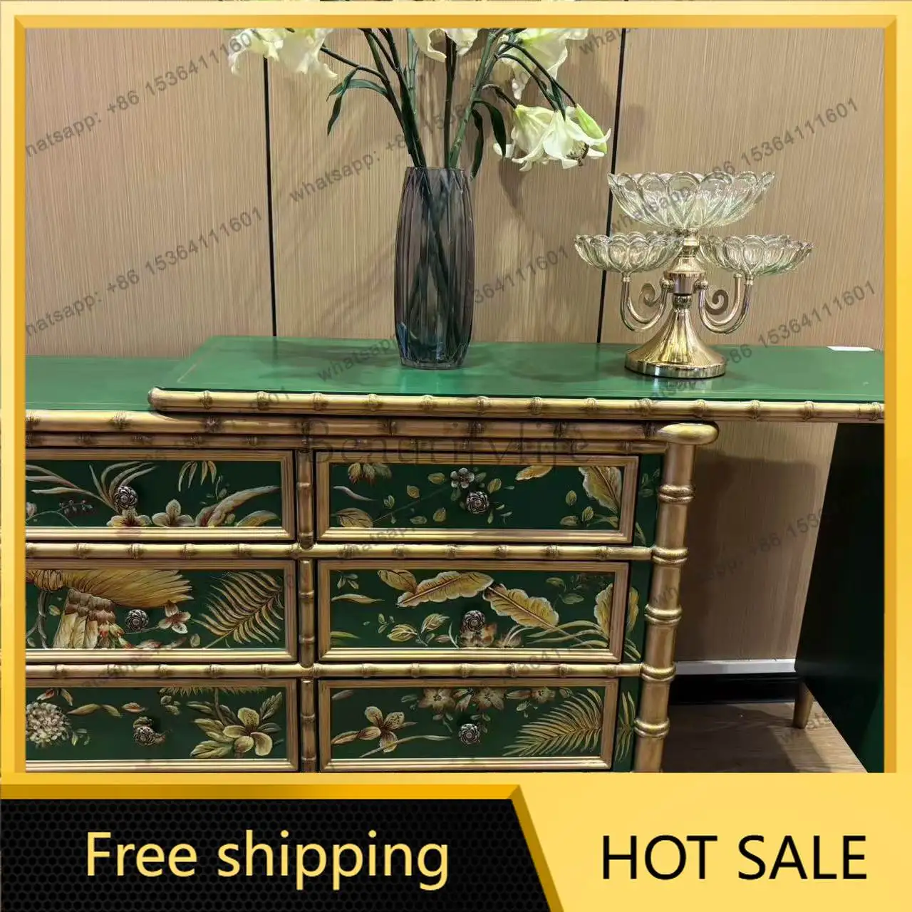 LD New Chinese Classical Luxury Painted Art Bamboo Cabinet Mosaic Leaf Six Bucket Dresser