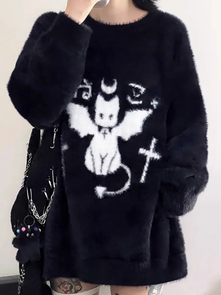 Japanese Dark Gothic Devil Cat Black Sweater Mujer Autumn Winter New Fluffy Knitted Tops Women Y2k Long Sleeve Loose Pullovers