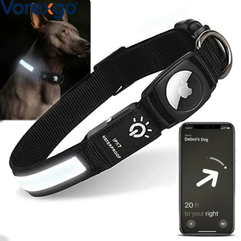 USB Chargeable Dog Collar For Apple Airtag GPS WaterProof Pet Led Finder Light Swimm Walking At Night Tracker Case Dog accessory