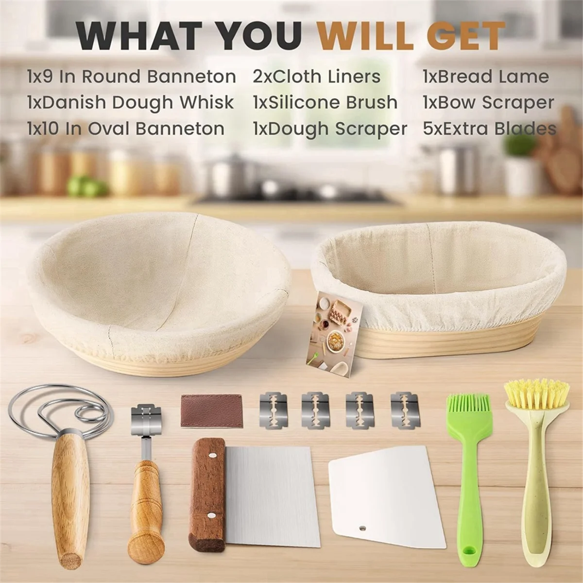 A64K مجموعة سلة تخمير الخبز البيضاوي سلة التخمير الخافق العجين مكشطة مجموعة فرشاة السيليكون