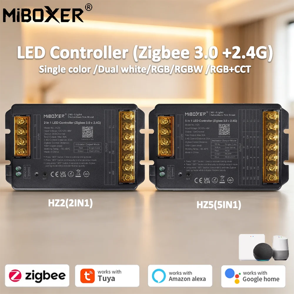 Miboxer DC12~48V HZ2 2IN1 HZ5 5IN1 Zigbee3.0 +2.4G RF LED Controller Max 30A for Single/Dual Color /RGB/RGBW/RGB+CCT Led Strip