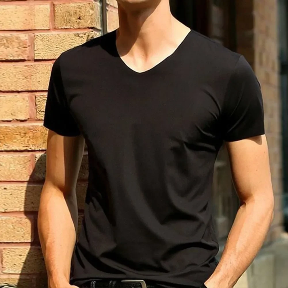 Men's T-shirt Ice Silk Seamless Short Sleeve Blouse Summer Cool V-Neck Slim Fit Everyday T Shirts Breathable Basic Clothing