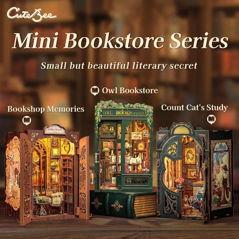 CUTEBEE-Kit de rincón de libros DIY, casa de muñecas en miniatura con inserto de estantería de madera ligera, decoración de librería Retro para