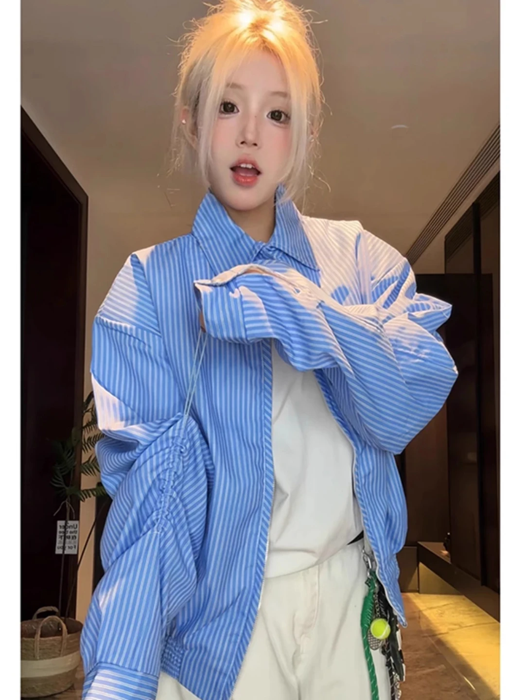 

Blue Striped Dstring oulder Pad Men's Long Sve Casual irt Autumn Trendy Brand Couple's Outerwear Breathable Stan...