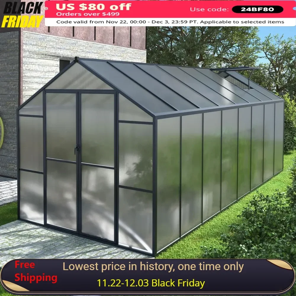 

8x16 FT Greenhouse with Adjustable Roof Vent and Lockable Door, Winter Outdoor Walk-in Polycarbonate Aluminum Greenhouse