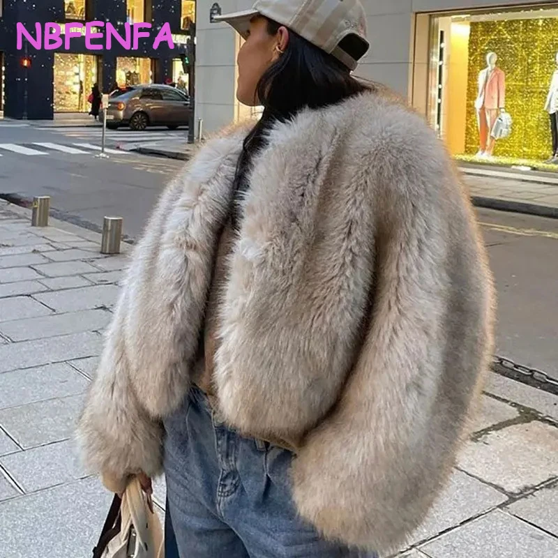 NBFENFA 2024 Winter New Fashion Gradient Fluffy Fur Coat Women High Street Luxury Big Fur Collar Faux Fox Fur Jacket Overcoats