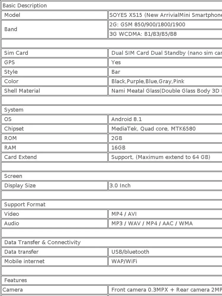 SOYES XS15 Mini Smartphone 3.0" Display Android 8.1 Dual SIM Standby 2GB RAM 16GB ROM 3G Network Backup Gift Small Phone