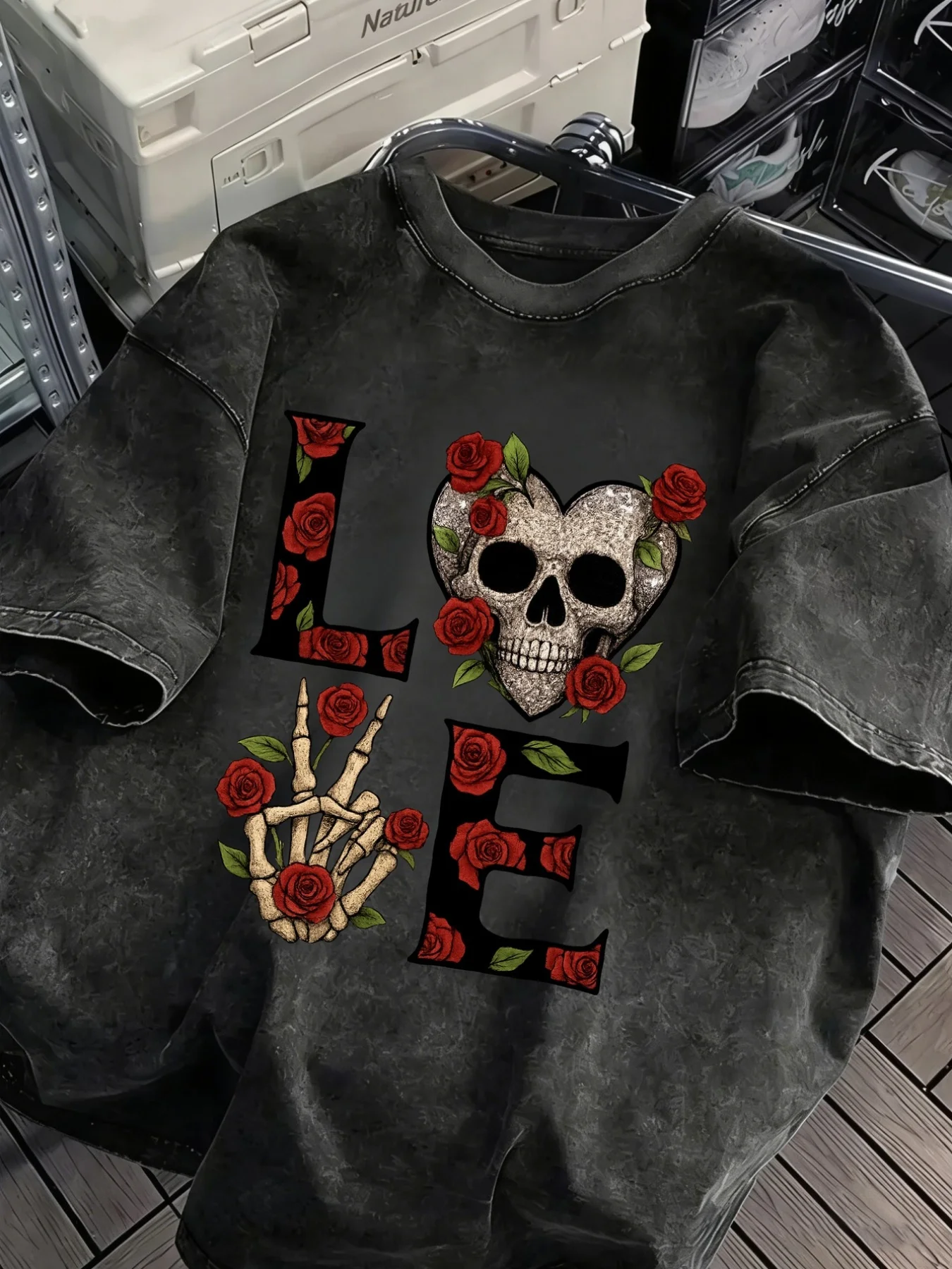 Love Skull Rose 2D Printing Men's Retro Washed Short Sleeve Sweater Personality Fun Pattern Trend Men's Holiday Casual Top 180g 100% Cotton