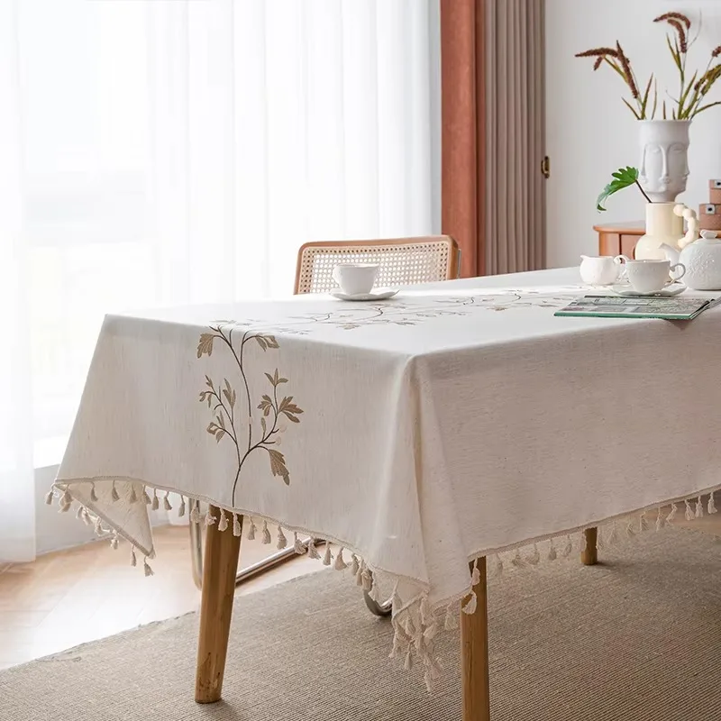 Embroidered Cotton Linen Table Cover, Rectangular Waterproof Decor for Dining & Tea Table