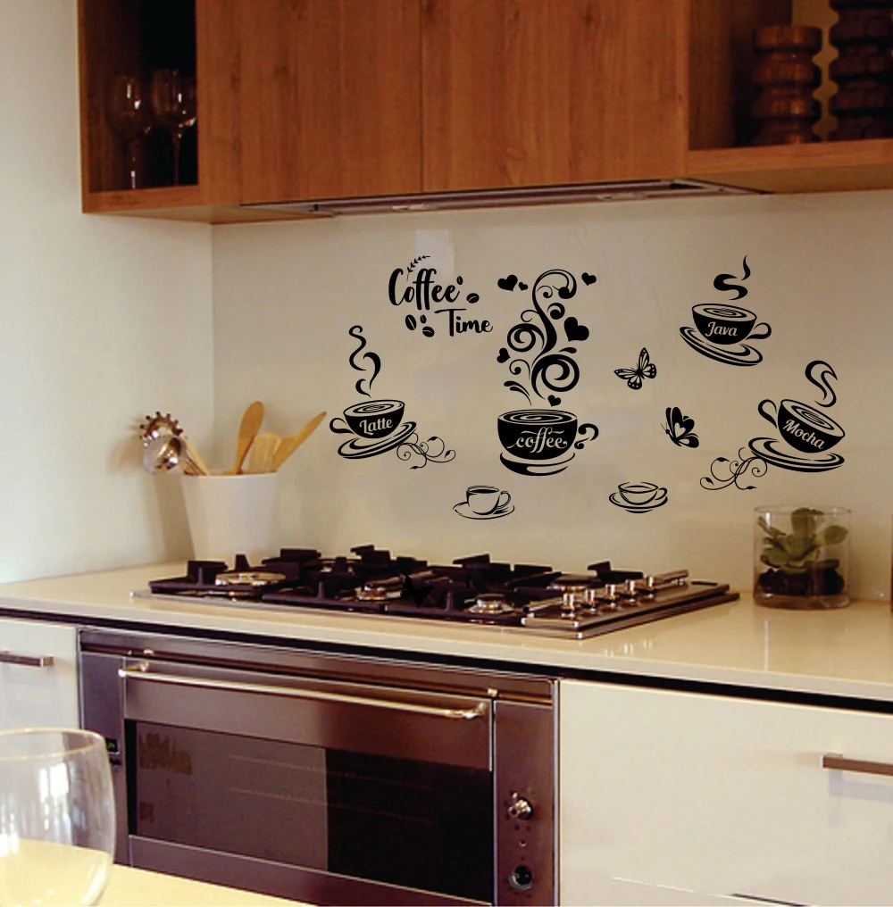 Coffee Time Cafe Bar Shop Wall Stickers Decals Mocha Latte Java for Kitchen Waterproof Home Wall Decor