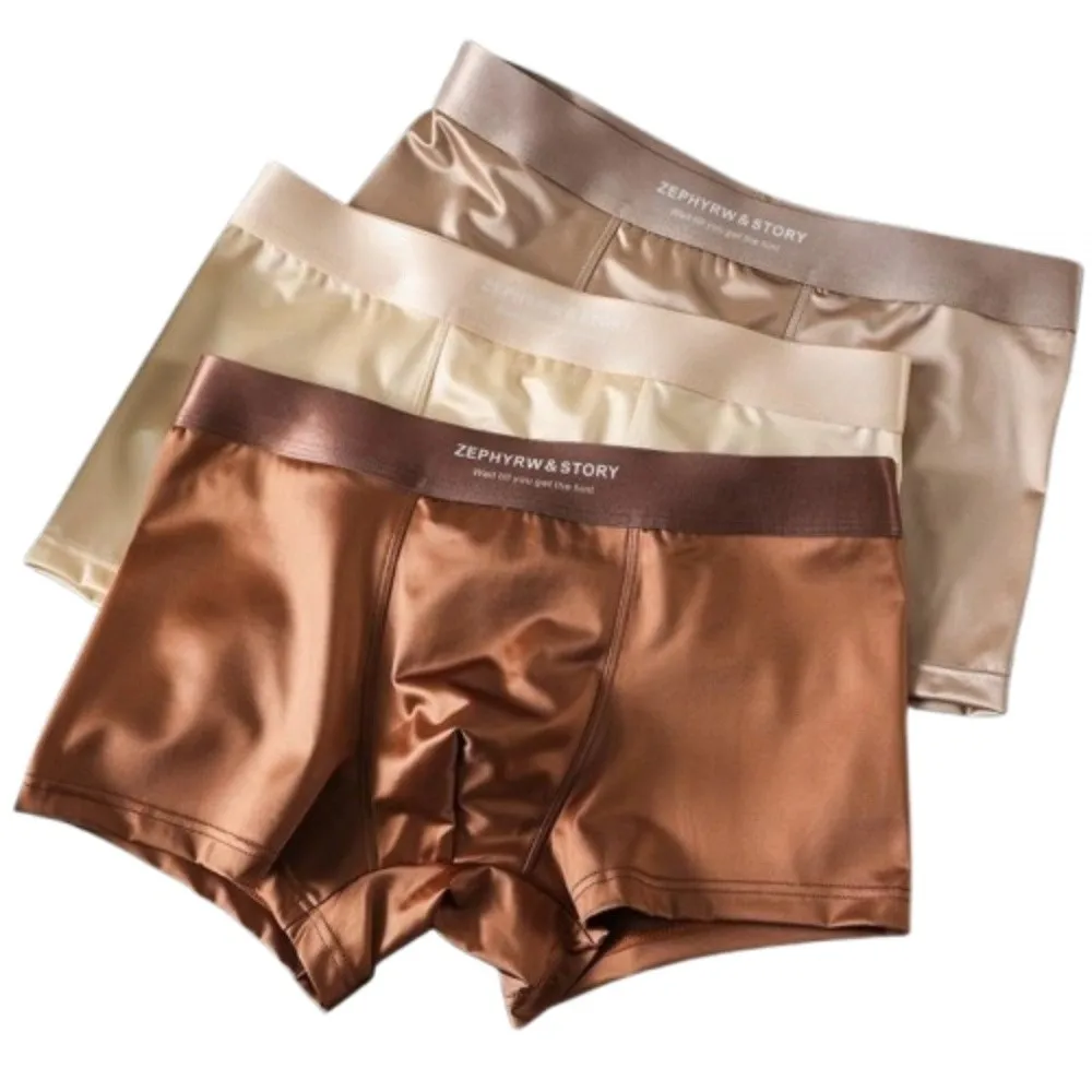 

3Pcs Satin-like Boxers Ice Silk Men's Panties Breathable Cool Underpants Man Boxer Underwear 3D Crotch Double-layer